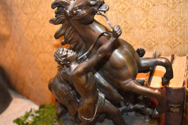 Antique Pair of French Marly Horses Spelter Porcelain Insets Guillaume Coustou