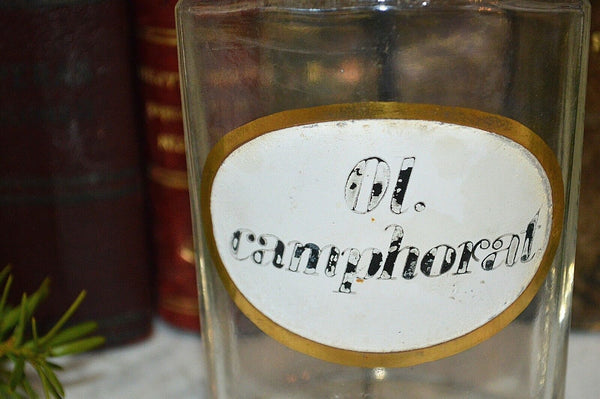 Antique French Apothecary Faceted Glass Bottle Stopper Painted Label Camphorat