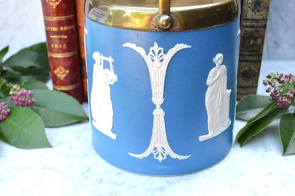 Antique Jasper Dudson England Blue Jasperware Biscuit Barrel Jar Classic Figures