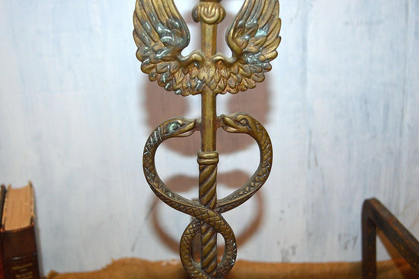 Antique Pair Caduceus Andirons Fireplace Accessory Medical Symbol Snakes Wings