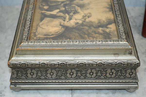 Antique Jewelry Dresser Box Interior Mirror Silver Wood Romantic Pastoral Scene