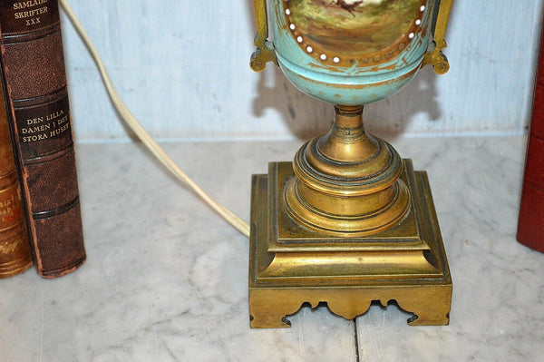 Antique French Turquoise Blue Porcelain Sevres Style Lamp Hunt Scene Couple