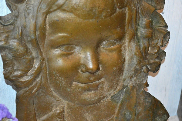 Antique French Large Bronze Cherub Face Head Wall Mount Pediment Figural Plaque