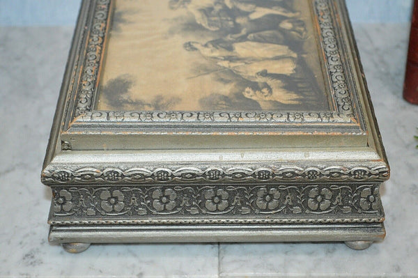 Antique Jewelry Dresser Box Interior Mirror Silver Wood Romantic Pastoral Scene