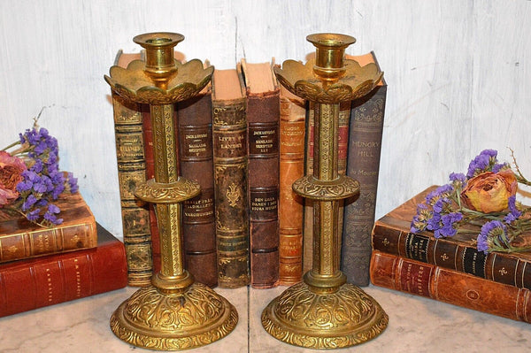 Antique Pair French Gilt Brass Altar Candles Religious Candlesticks