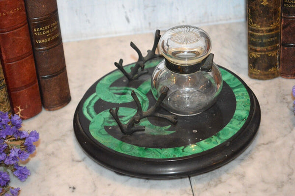 Antique Malachite Black Marble Desk Set Inkwell Pen Stand