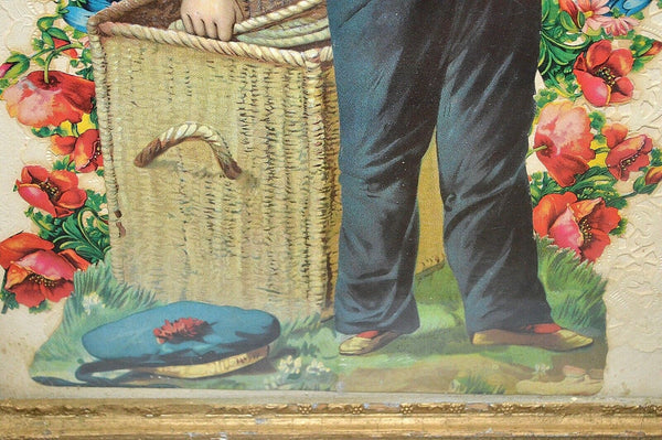 Antique Victorian Gilt Framed Large Die Cuts Sailor Boy Birds Scrap Book Art
