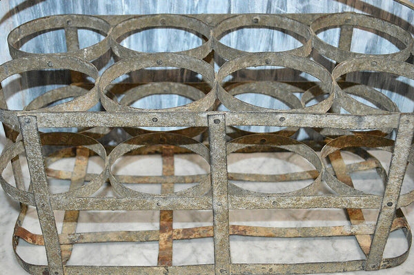 Antique French 8 Bottle Carrier Zinc with Wood Handle Caddy Holder