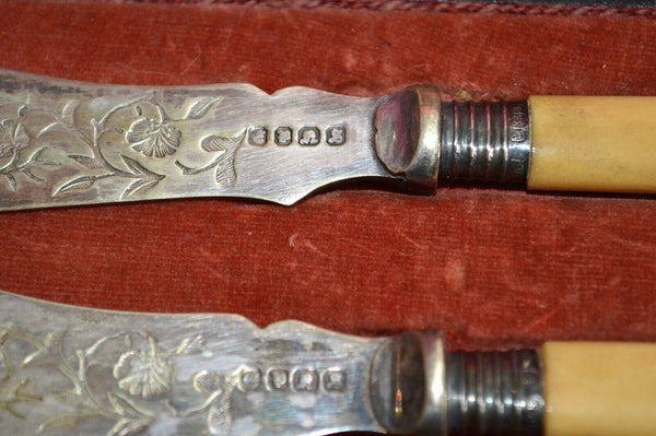 Antique English Victorian Silver Plate Fish Knives Cutlery Boxed Set Bone Handle