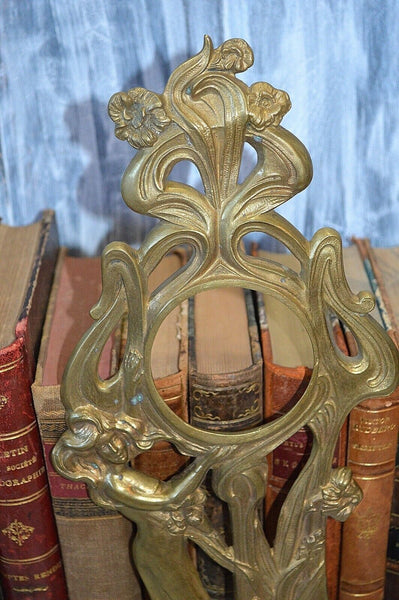 Antique French Bronze Art Nouveau Figural Female Large Mount Frame Clock Mirror