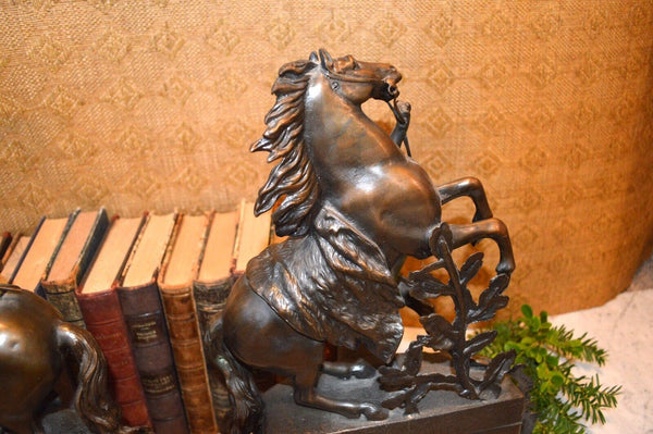 Antique Pair of French Marly Horses Spelter Porcelain Insets Guillaume Coustou