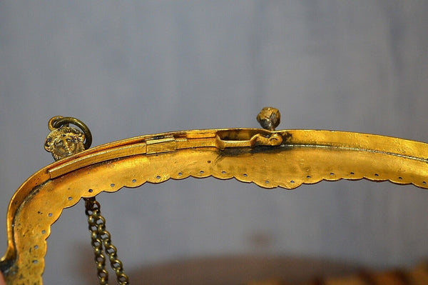 Antique French Gilt Brass Purse Frame Chain Jewel Cabochons Figural Cherub As Is
