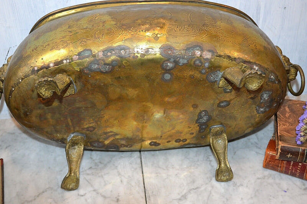 Antique Large Brass Jardiniere Planter Aesthetic Movement Lion Heads Paws