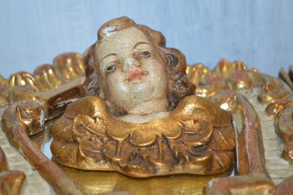 Antique Italian Painted Gilded Carved Wood Mirror and Figural Cherub Putto Head