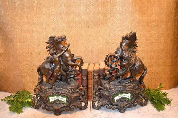 Antique Pair of French Marly Horses Spelter Porcelain Insets Guillaume Coustou