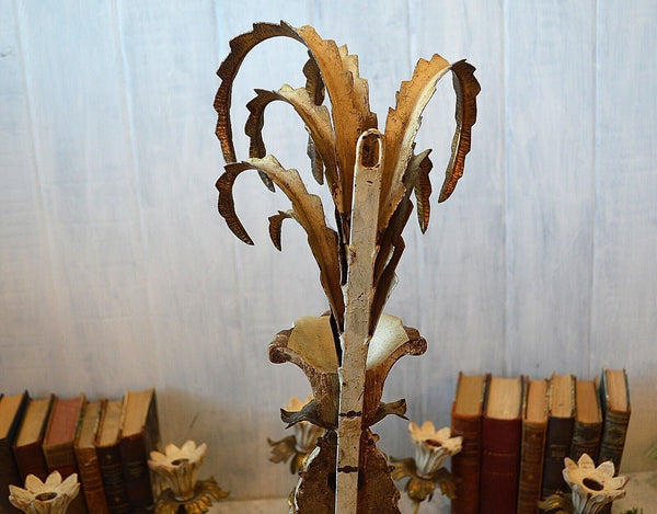 Antique Large Italian Tole Carved Wood Pineapple Candle Wall Sconce 5 Arm Gilded