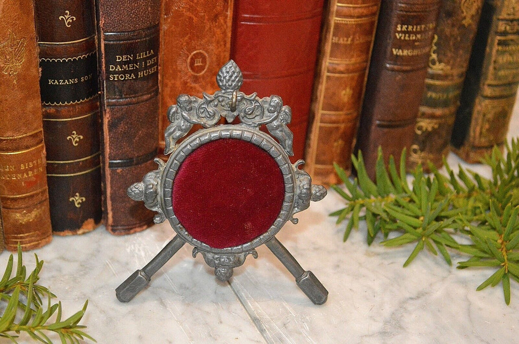 Antique Pocket Watch Stand German Cherubs Pewter Easel Back Display