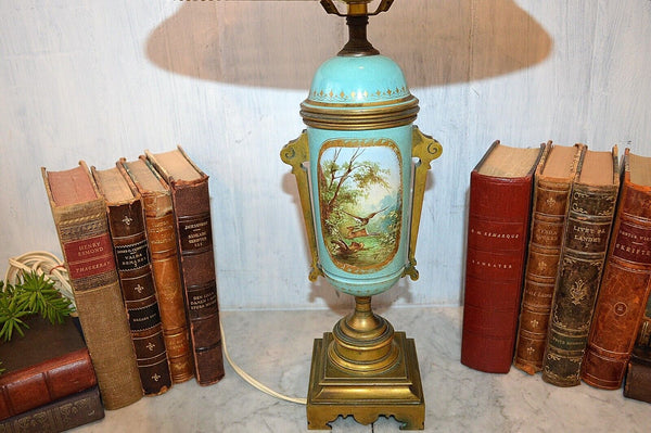 Antique French Turquoise Blue Porcelain Sevres Style Lamp Hunt Scene Couple