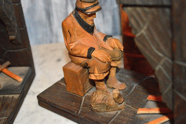 Antique Pair Black Forest Bookends Carved Wood Fireplace Figural Male Female Dog
