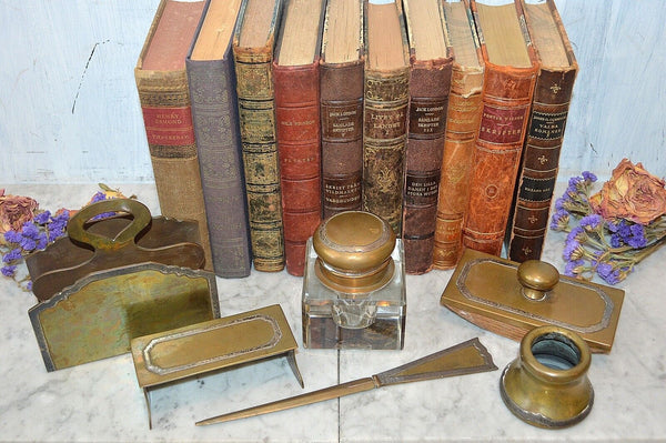 Antique Shreve & Co. 6 Pc Desk Set Sterling Silver Brass Arts & Crafts Inkwell