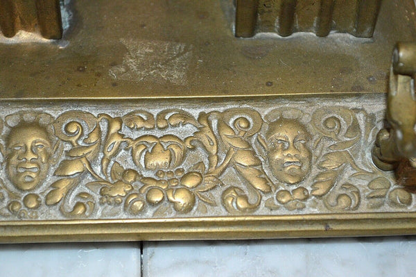 Antique English Brass Gothic Double Inkwell Figural Faces Pen Rest