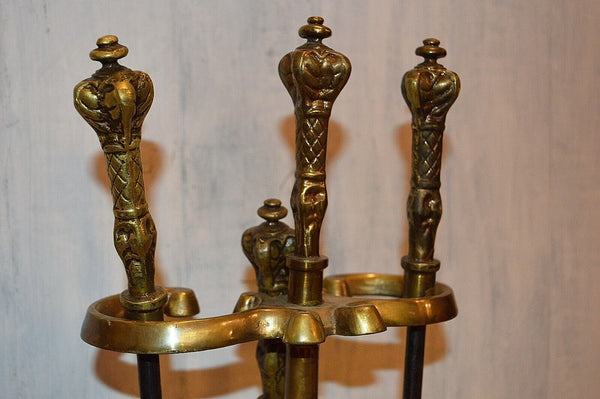 Antique French Heavy Brass Fireplace Tool Set La Maison 3 Tools and Stand