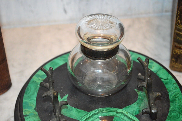Antique Malachite Black Marble Desk Set Inkwell Pen Stand