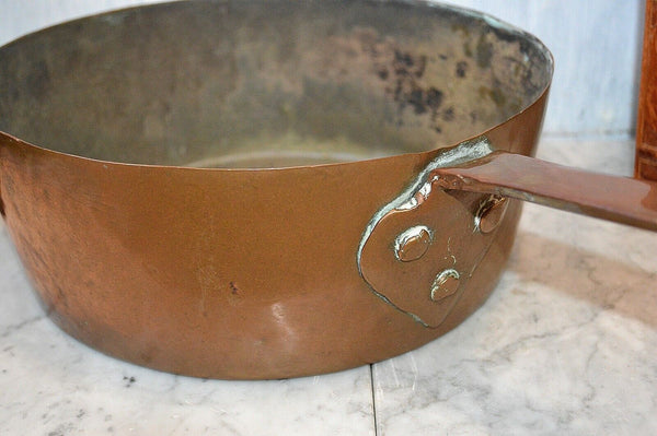 Antique French Copper Tin Large 11" Stock Sauce Pot Pan Kitchen Kettle Cookware