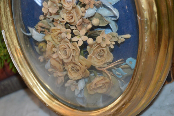 Antique French Floral Wax Bouquet Bird Gilt Frame Convex Glass Wedding