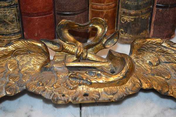 Antique French Pediment Eagle Wings Snake Sickle Napoleonic Gilt Brass Mount