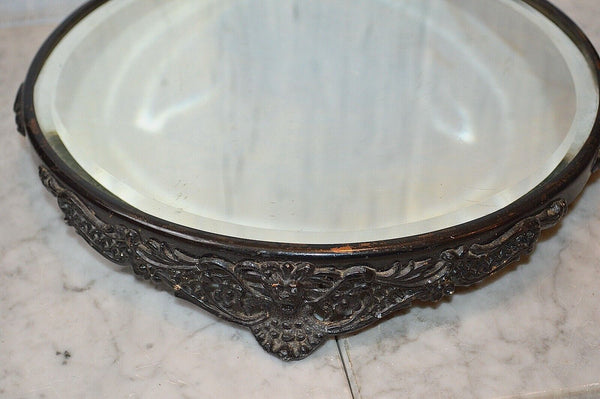 Antique Plateau Mirror Tray Black Art Nouveau Figural Lion Heads Bar Vanity