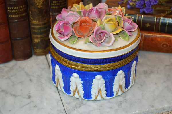 Antique German Porcelain Blue White Roses Jewelry Dresser Box Bronze