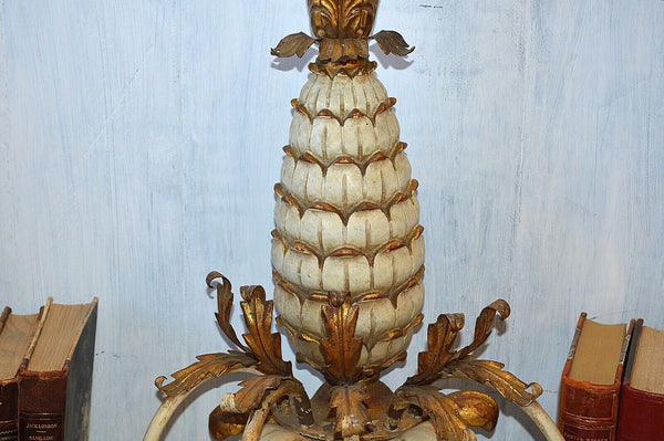 Antique Large Italian Tole Carved Wood Pineapple Candle Wall Sconce 5 Arm Gilded