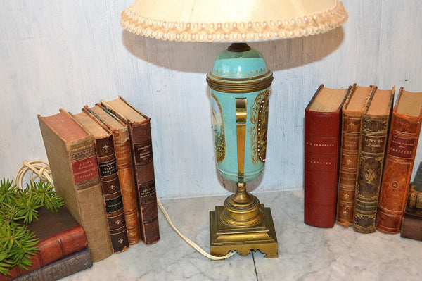 Antique French Turquoise Blue Porcelain Sevres Style Lamp Hunt Scene Couple