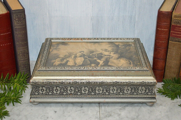Antique Jewelry Dresser Box Interior Mirror Silver Wood Romantic Pastoral Scene