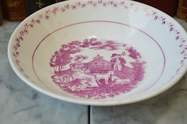 Antique Small English Staffordshire Bowl Pastoral Sheep Transferware Pink Lustre