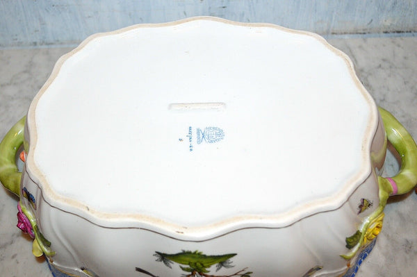 Herend Rothschild Bird Blue Border Tureen With Bird Fishscale 1055