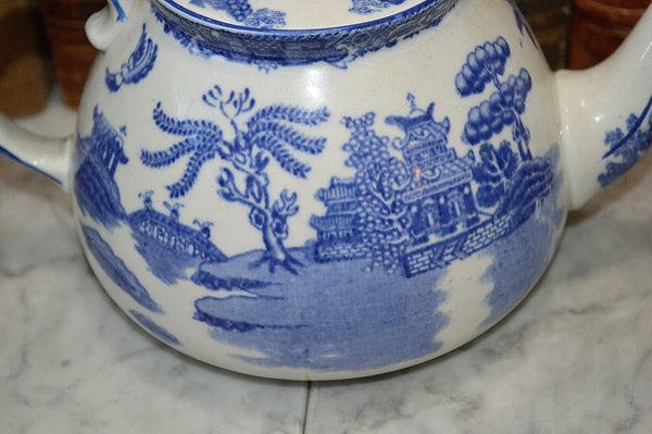 Antique Gibson & Sons Burslem England Blue WIllow Teapot Transferware