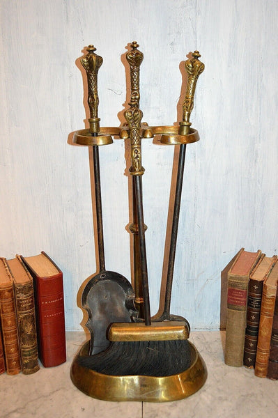 Antique French Heavy Brass Fireplace Tool Set La Maison 3 Tools and Stand