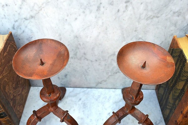Antique Pair Cast Iron Rusty Red Fireplace Prong Candle Holders Candlesticks