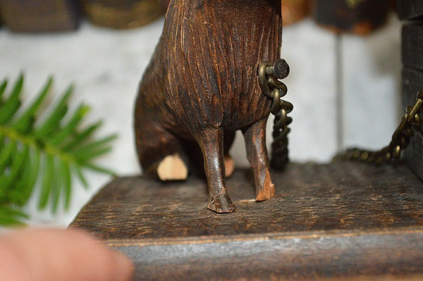 Antique German Black Forest Carved Wood Inkwell Dog and Dog House