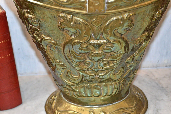 Antique Victorian Embossed Griffins Gargoyles Brass Coal Log Kindling Bucket