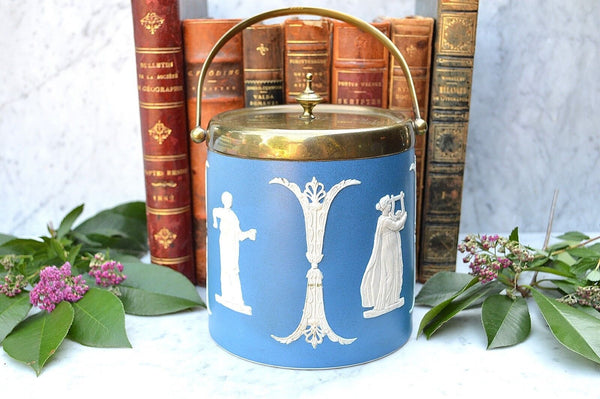 Antique Jasper Dudson England Blue Jasperware Biscuit Barrel Jar Classic Figures