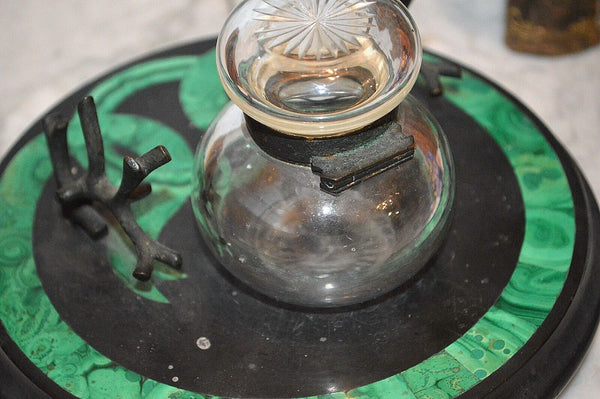 Antique Malachite Black Marble Desk Set Inkwell Pen Stand