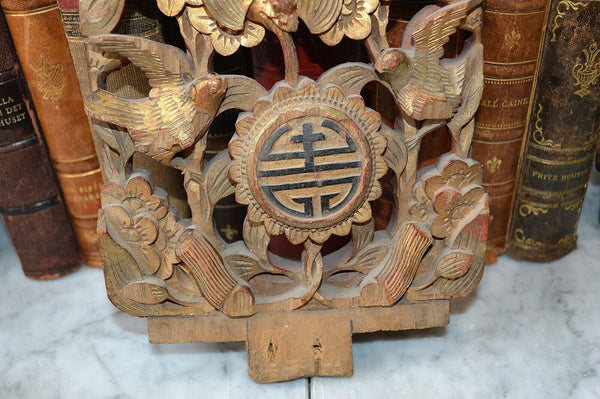 Antique Chinese Wood Gilt Relief Fragment Panel Birds Floral Squirrel Symbol