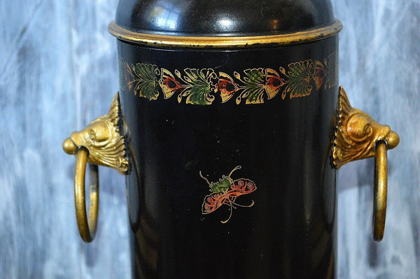 Vintage Faux Samovar Black Tole Chinoiserie Gilt Painted Dolphin Fish  Lion Paw