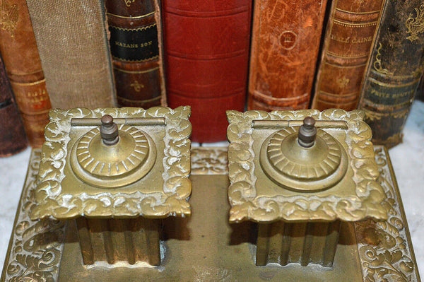 Antique English Brass Gothic Double Inkwell Figural Faces Pen Rest