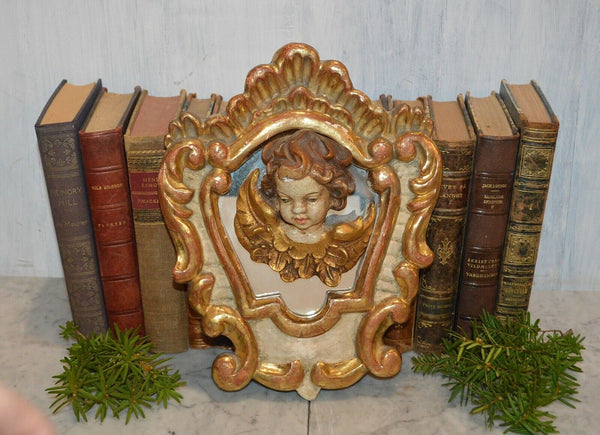 Antique Italian Painted Gilded Carved Wood Mirror and Figural Cherub Putto Head