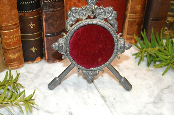 Antique Pocket Watch Stand German Cherubs Pewter Easel Back Display