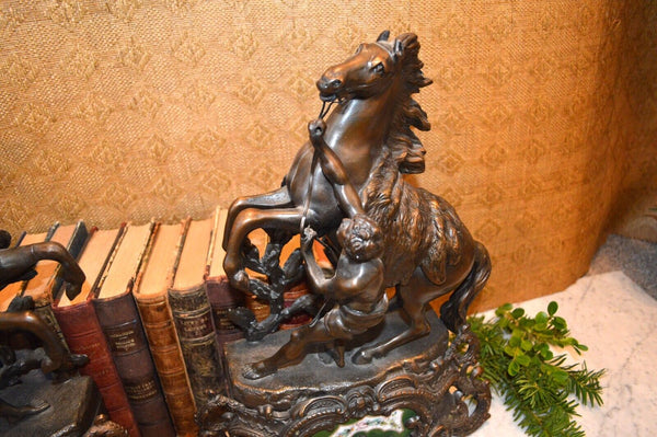Antique Pair of French Marly Horses Spelter Porcelain Insets Guillaume Coustou
